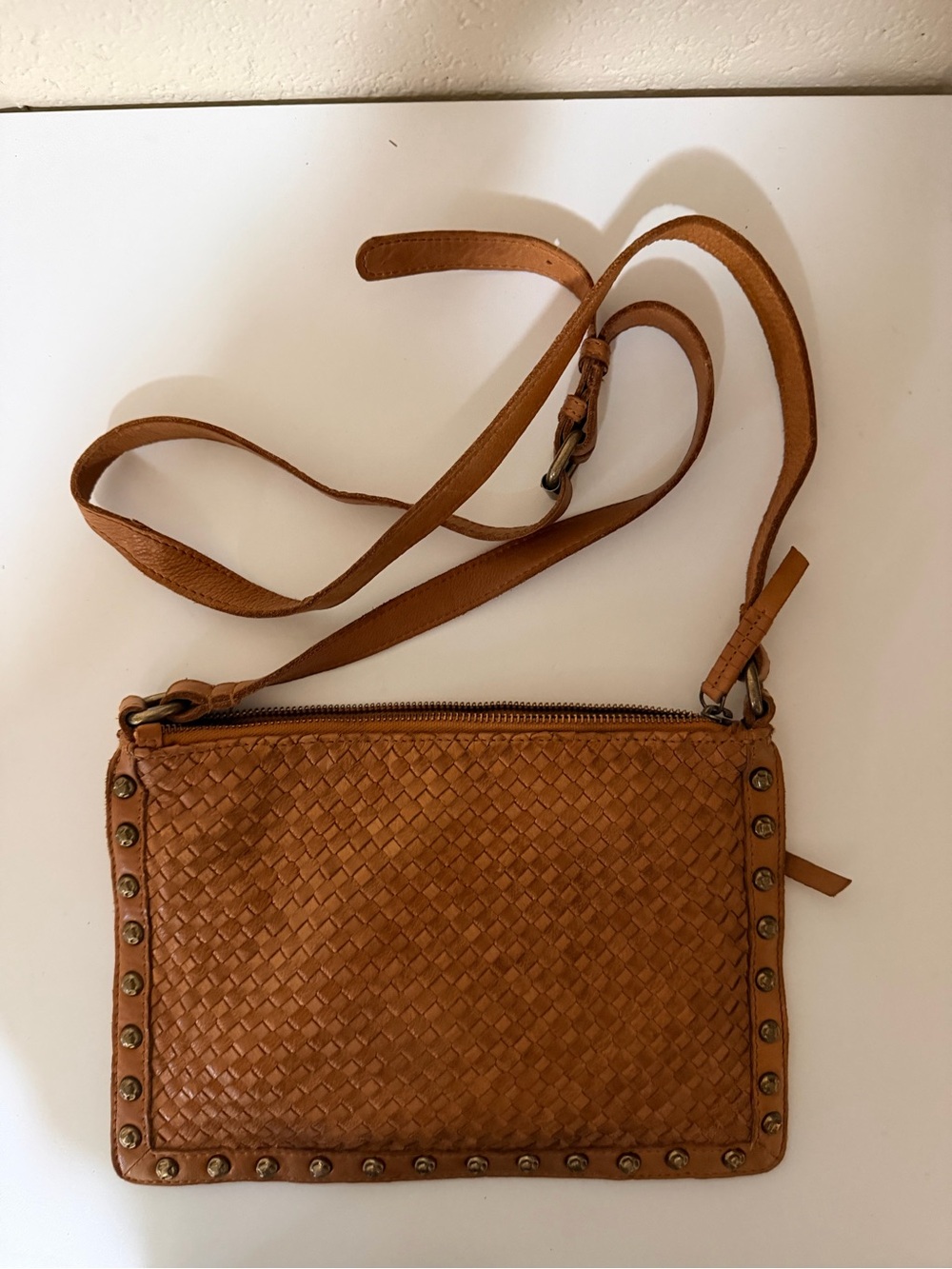 Woven Leather Crossbody Bag in Tan